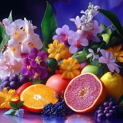 Vibrant still life arrangement of fresh fruits and delicate orchids in a colorful composition