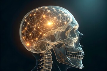 Digital brain network in transparent skull representing ai and thought processes