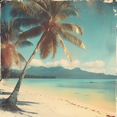 Vintage tropical beach scene with palm tree and distant island mountains under blue sky