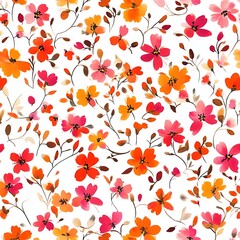 Vibrant watercolor floral pattern with delicate pink and orange blossoms scattered on white background