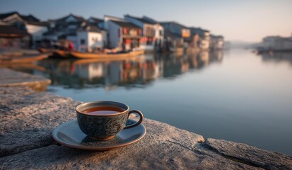 AI generator images of Traditional Asian style tea and coffee shop with snacks such as fried dough sticks and Thai desserts. A riverside restaurant in a lively floating market in Thailand