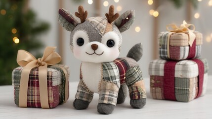 patchwork christmas concept. Plush reindeer toy next to wrapped gifts in a festive setting.