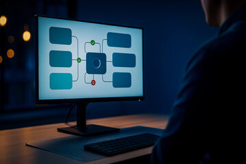 Business analyst designing a process flowchart on a computer monitor