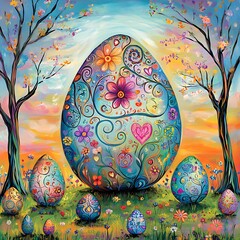 Whimsical painted easter egg with floral designs sits in a vibrant spring meadow