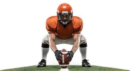 Football Player in Orange Uniform Prepares to Snap the Ball on White Background