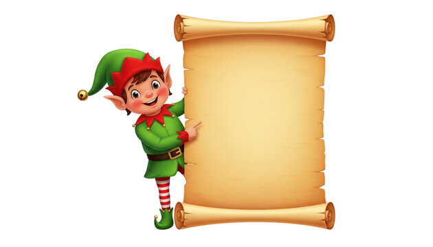 Cute christmas elf holding a blank scroll isolated on transparent background