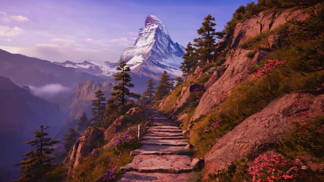 scenic stone pathway leading to a majestic mountain peak, dramatic rocky cliffs, lush green vegetation, layered misty mountains in the background