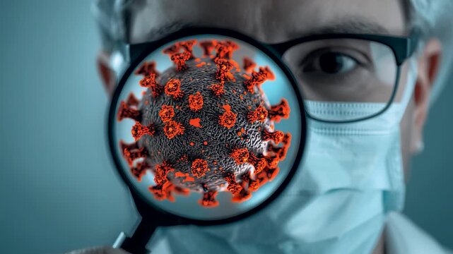 Scientist examining coronavirus model through magnifying glass showing medical research and disease study in healthcare laboratory