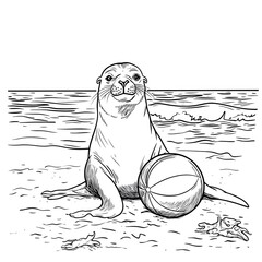 Adorable sea lion pup playing with a ball on a sandy beach by the ocean waves