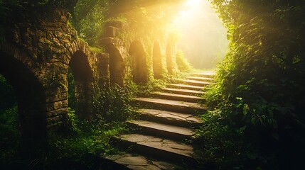 Ancient stone staircase bathed in golden sunlight leading through a lush overgrown jungle path
