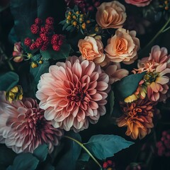 Close up of a lush floral arrangement featuring delicate pink and peach roses and dahlias