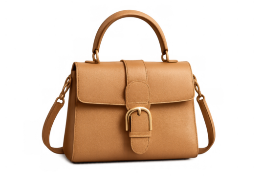 Brown leather handbag with shoulder strap and top handle, featuring a gold buckle on transparent background
