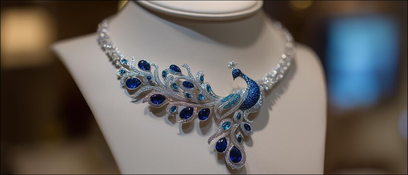 AI generator images of Necklace , peacock necklace adorned with blue gemstones made from diamonds, zircons, Sapphire peacock blue gemstone necklace. This design symbolizes beauty, good luck, 
