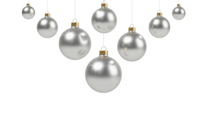Silver christmas balls hanging isolated on transparent background in triangle shape