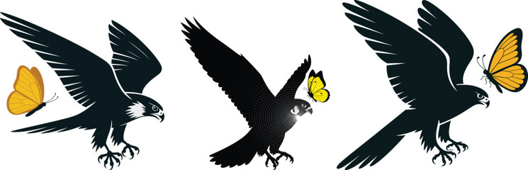 Obraz premium Falcon and Butterfly Vector Logo Set: Predator and Prey Wildlife Silhouette Illustrations Digital Download