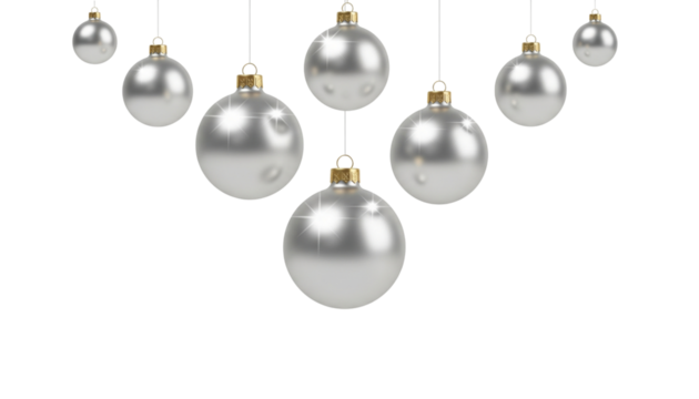 Silver christmas balls hanging isolated on transparent background in triangle shape
