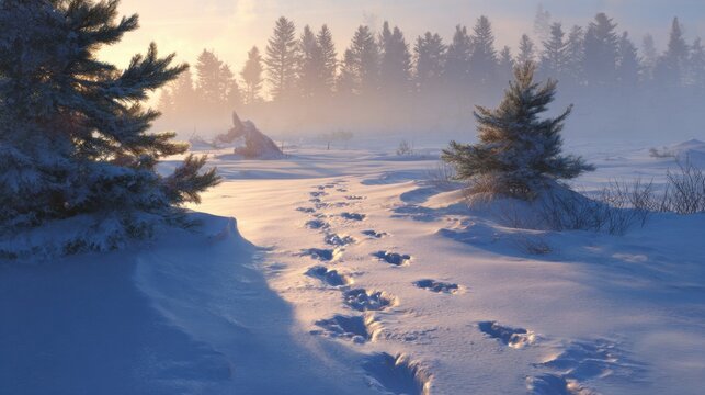 Snow-covered landscape with pine trees and footprints leading into the misty winter forest