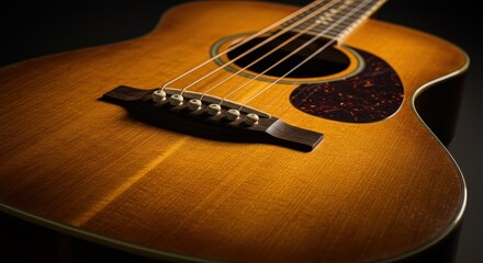 Close up view highlights the warm wood grain and bridge pins of a classical stringed instrument