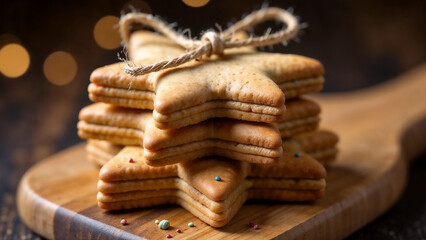 cookies star-shaped, wooden board, table setting, bokeh background, holiday baking, scene