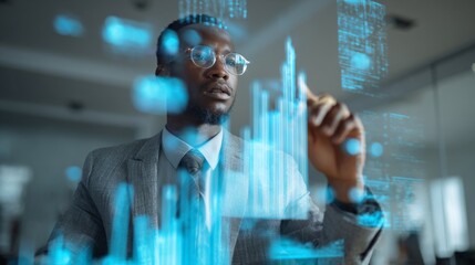 Business professional analyzing digital financial data with graphs and charts using innovative technology to drive insights and improve decision making