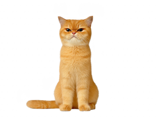 Ginger cat sitting upright with serious expression fluffy fur orange color isolated on transparency background domestic pet adorable and calm full body looking forward