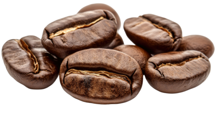 Floating roasted coffee beans showing rich aromatic texture with dark brown color and caffeine energy detail isolated on white background