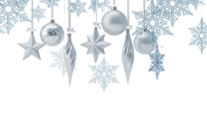 Elegant silver christmas ornaments and snowflakes isolated on transparent background