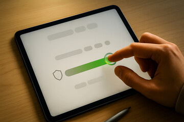 Hand activating security setting with a slider on a tablet screen