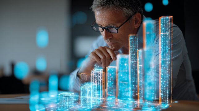 Business professional analyzing futuristic digital data visuals in modern office, focused on innovative technology and data-driven insights for decision making