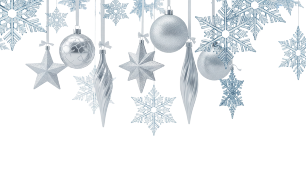 Elegant silver christmas ornaments and snowflakes isolated on transparent background - Powered by Adobe