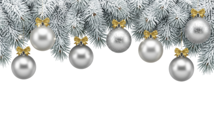 Silver christmas balls with gold bows on snowy fir branches isolated on transparent background