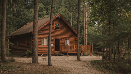 Cozy log cabin nestled in a serene forest setting, perfect for a getaway
