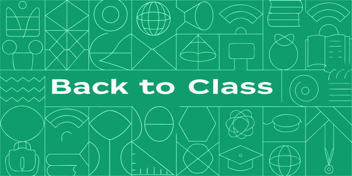 Back to class with geometric icons and educational symbols on a green background