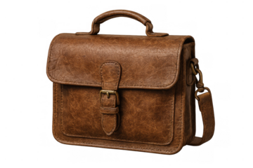 Brown leather satchel bag with buckle detail on transparent background, carrying business and travel essentials