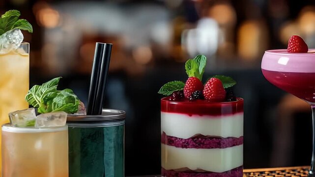 Assortment of Delicious Cocktails and Desserts Served at a Bar.