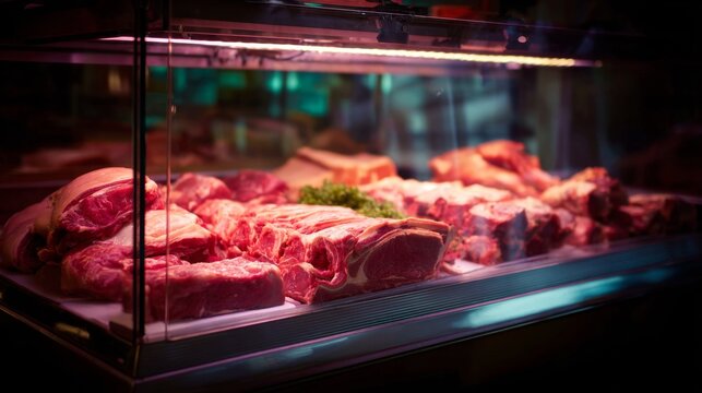Fresh Cuts of Red Meat Displayed in a Market Butcher Shop Under Bright Lights with Vibrant Colors and Inviting Presentation for Food Enthusiasts