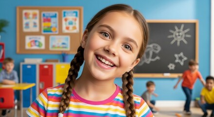 Happy Learner in Classroom: A cheerful girl, beaming with joy, smiles warmly in a colorful classroom, surrounded by fellow young learners. A scene of learning, joy, and the innocence of youth.