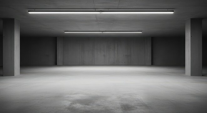 An empty, modern concrete parking garage with overhead fluorescent lights, creating a stark and minimalist industrial atmosphere