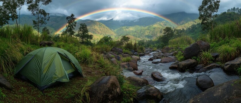 AI generator images of Beautiful camping in nature by the stream, with a lush mountain view behind. After a rainstorm, a rainbow arches across the overcast sky peaceful, relaxing camping trip 