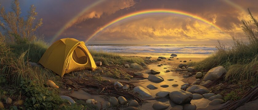 AI generator images of Beautiful camping in nature by the stream, with a lush mountain view behind. After a rainstorm, a rainbow arches across the overcast sky peaceful, relaxing camping trip  - Powered by Adobe