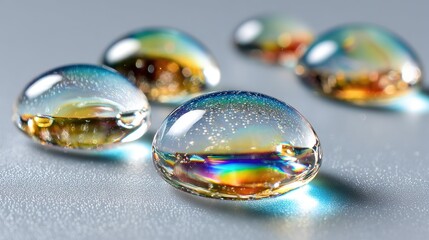 Fototapeta premium Water droplet close-up: A mesmerizing close-up of water droplets, each one a miniature lens refracting light to create a vibrant display of rainbow hues.
