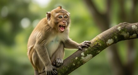 Macaque Monkey on Branch with Open Mouth in Lush Green Forest, Wildlife Portrait.