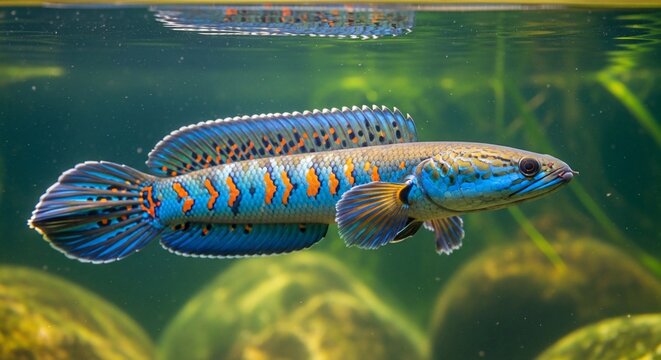 Striking Channa Bleheri Snakehead Fish - Vibrant Blue and Orange Pattern in Aquarium Setting.