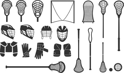 Lacrosse equipment silhouette set, sticks, helmets, pads, gloves, goal, balls, protective gear, sports icons, flat vector illustration, isolated design © Creative_design