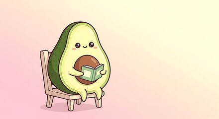 Cute cartoon avocado character sitting on a chair reading a small book