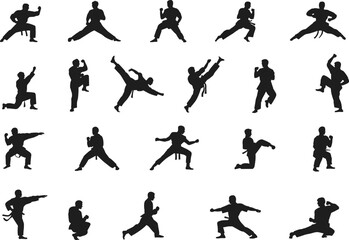 Martial arts silhouette poses, fighting stances, karate and taekwondo kicks, self-defense movements, athlete training icons – flat vector illustration