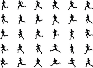 Running silhouette sequence, athlete motion cycle, jogging gait stages, sports biomechanics, fitness animation frames, black vector runner poses - flat vector illustration
