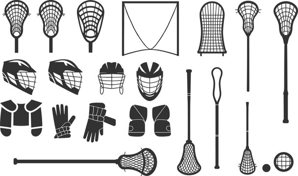 Lacrosse equipment silhouette set, sticks, helmets, pads, gloves, goal, balls, protective gear, sports icons, flat vector illustration, isolated design
