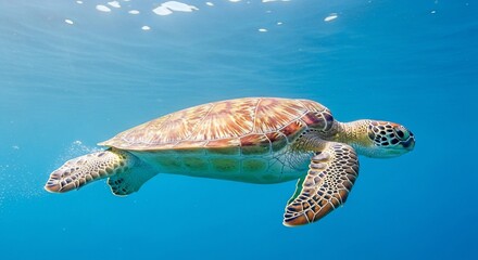 Fototapeta premium Sea Turtle Swimming Gracefully in Clear Blue Ocean Water, Sunlight Filtering Through Surface.