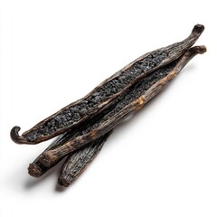 Obraz premium Single vanilla bean pod split open to reveal the thousands of tiny black seeds inside macro photography isolated on a plain white background